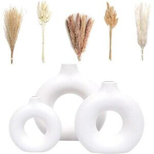 White Ceramic Vases with Dried Pampas Grass Set Home Decor Boho Room Gift